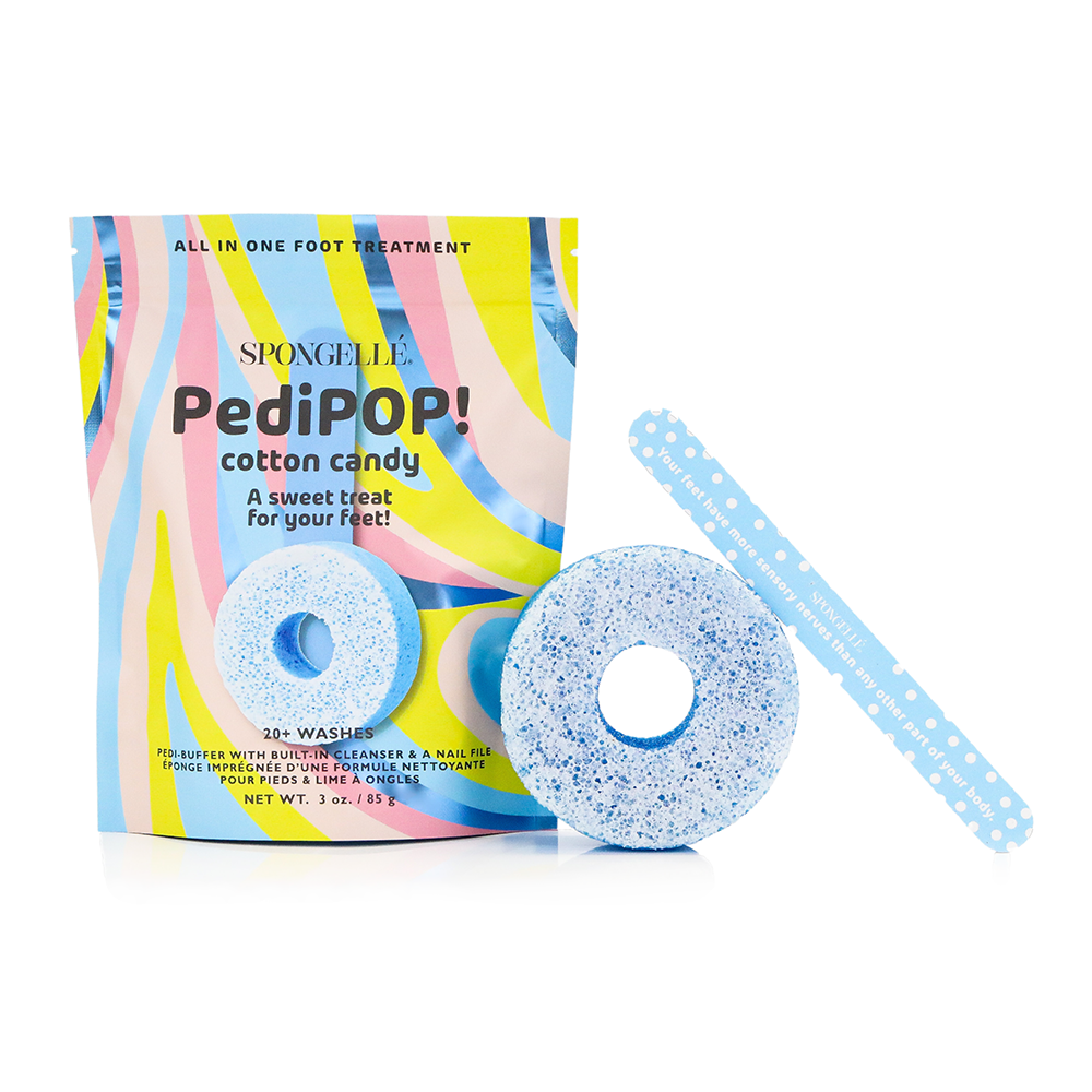 Foot sponge buffer and nail file set, cotton-candy blue with mesh texture and pouch