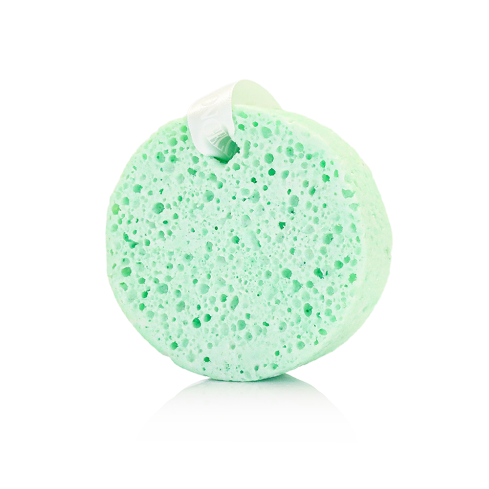 Green textured bath buffer sponge, rounded with a small top fold