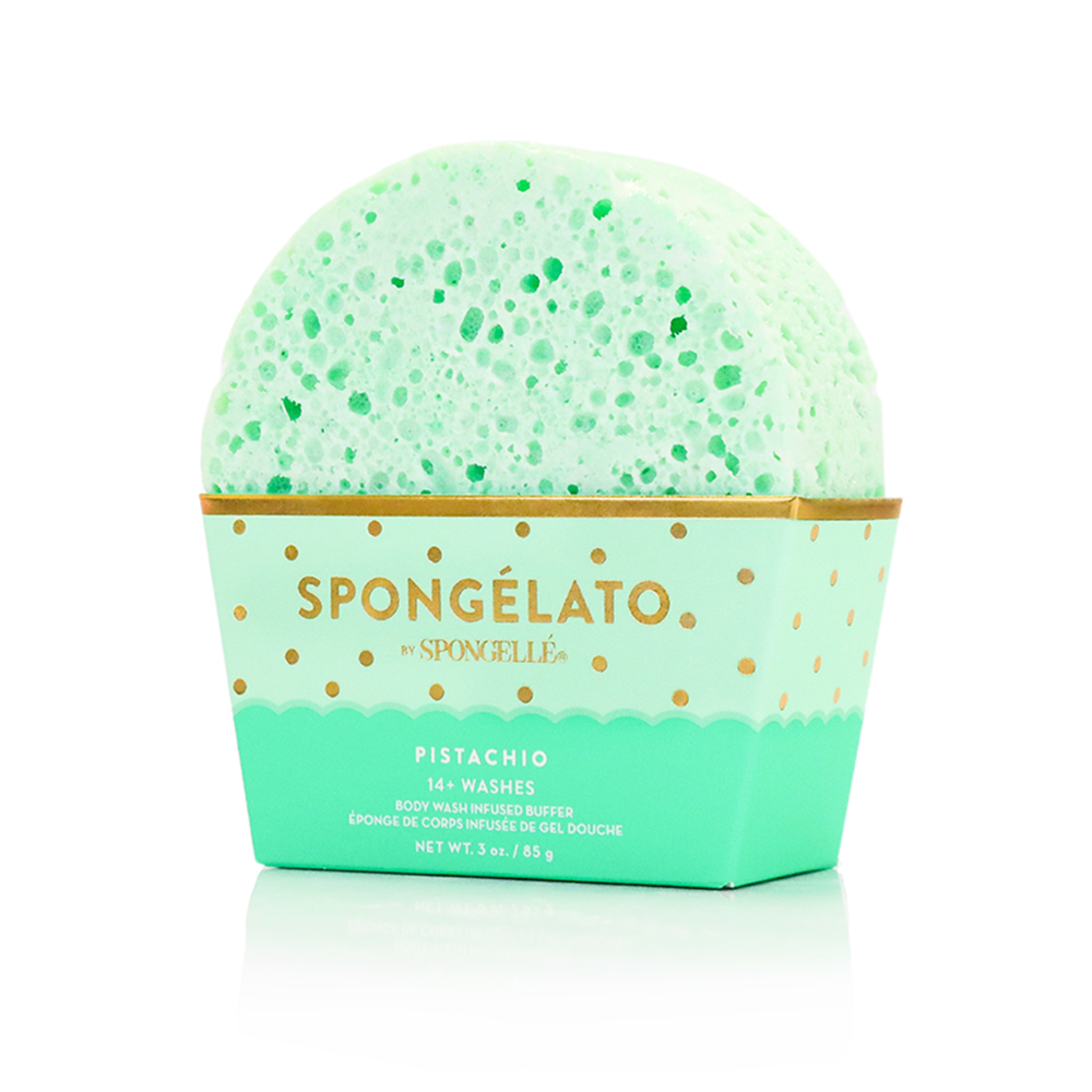 Pistachio green Spongelato buffer sponge in box, textured top