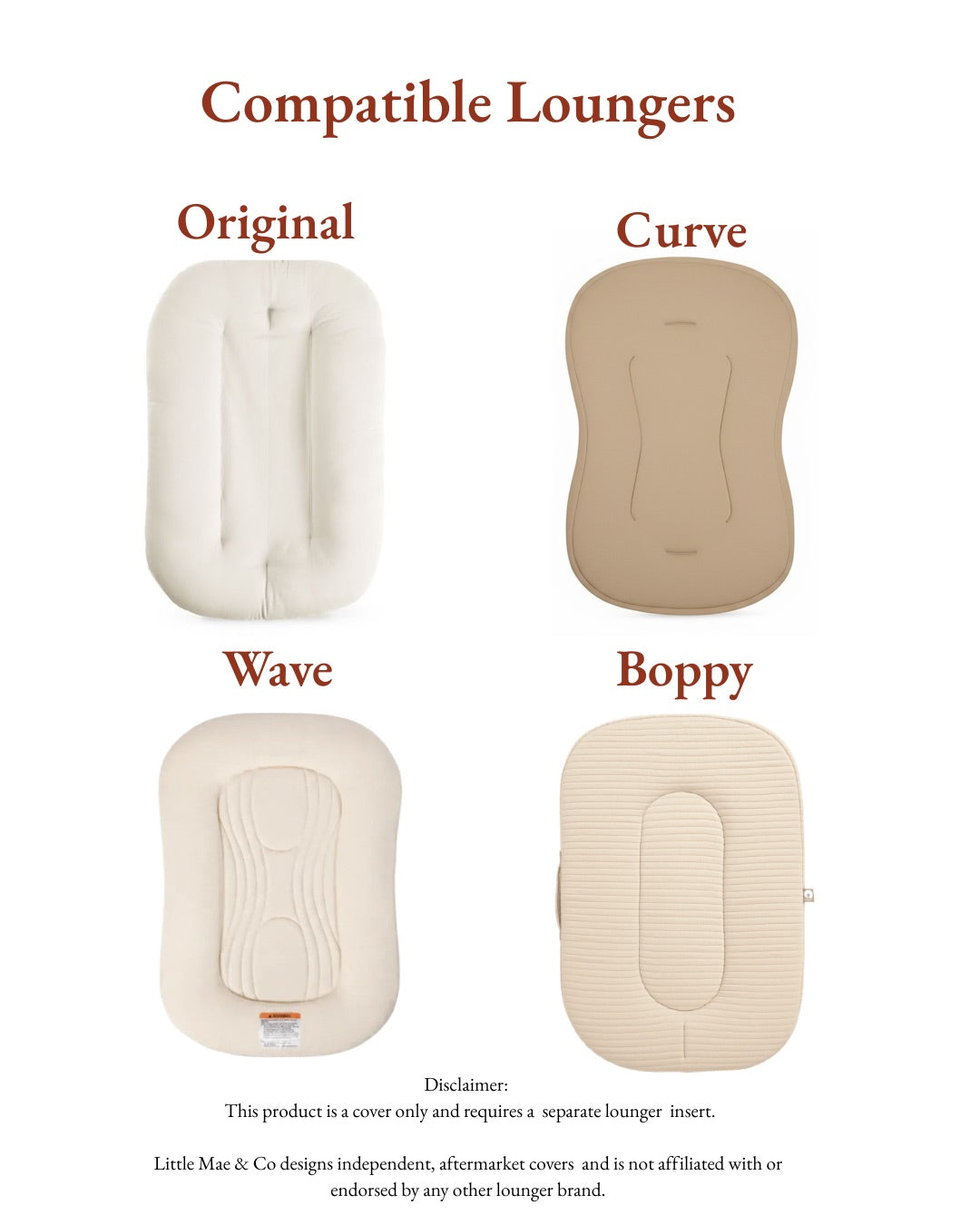 Baby lounger cover compatibility chart for Original, Curve, Wave, and Boppy loungers
