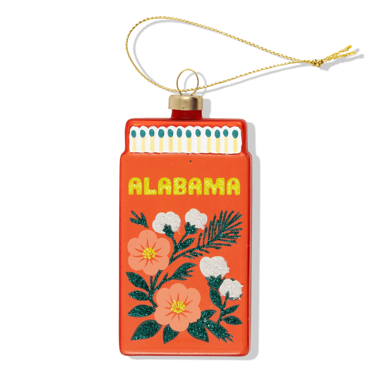Alabama matchbook ornament with gold loop and floral cover reading 'Alabama'