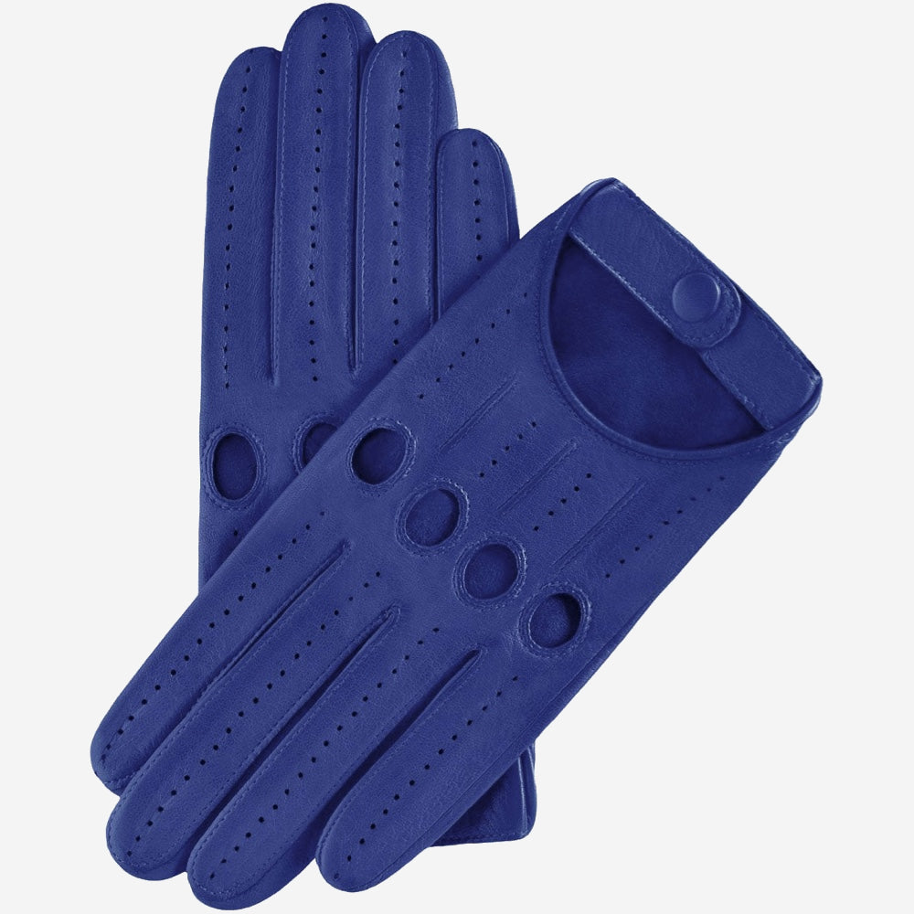Blue leather driving gloves with knuckle holes and perforated finger panels