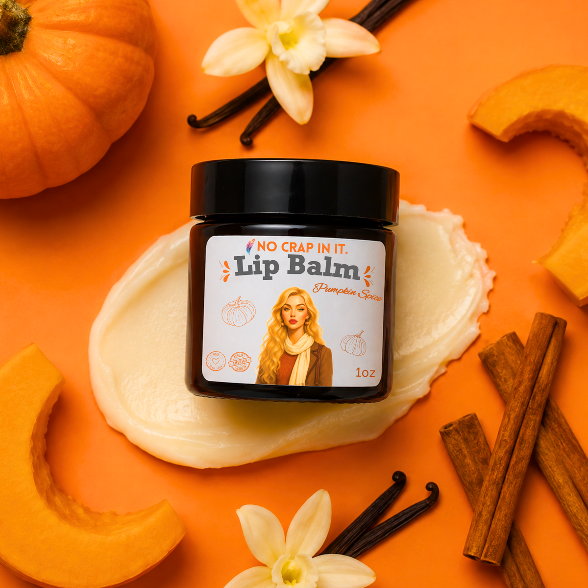 Pumpkin spice lip balm in a small jar with a black lid