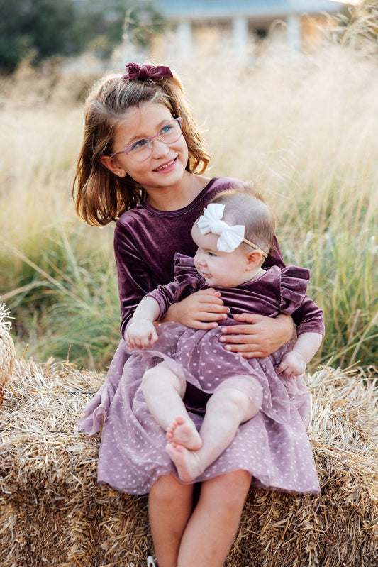 Amethyst velvet tutu bodysuit with ruffled sleeves and dotted tulle skirt