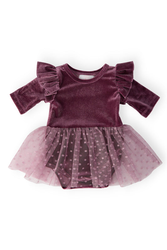 Amethyst velvet tutu bodysuit with ruffled sleeves and dotted tulle skirt