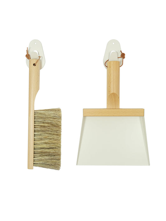 Hand brush and dustpan set with wall hooks, natural wood and white dustpan, soft bristles
