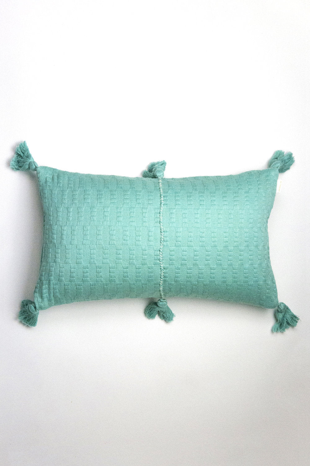 Faded aqua textured rectangular throw pillow with tassel corners