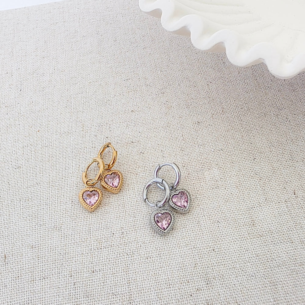 Heart dangle earrings set: gold-tone and silver-tone hoops with pink heart charms