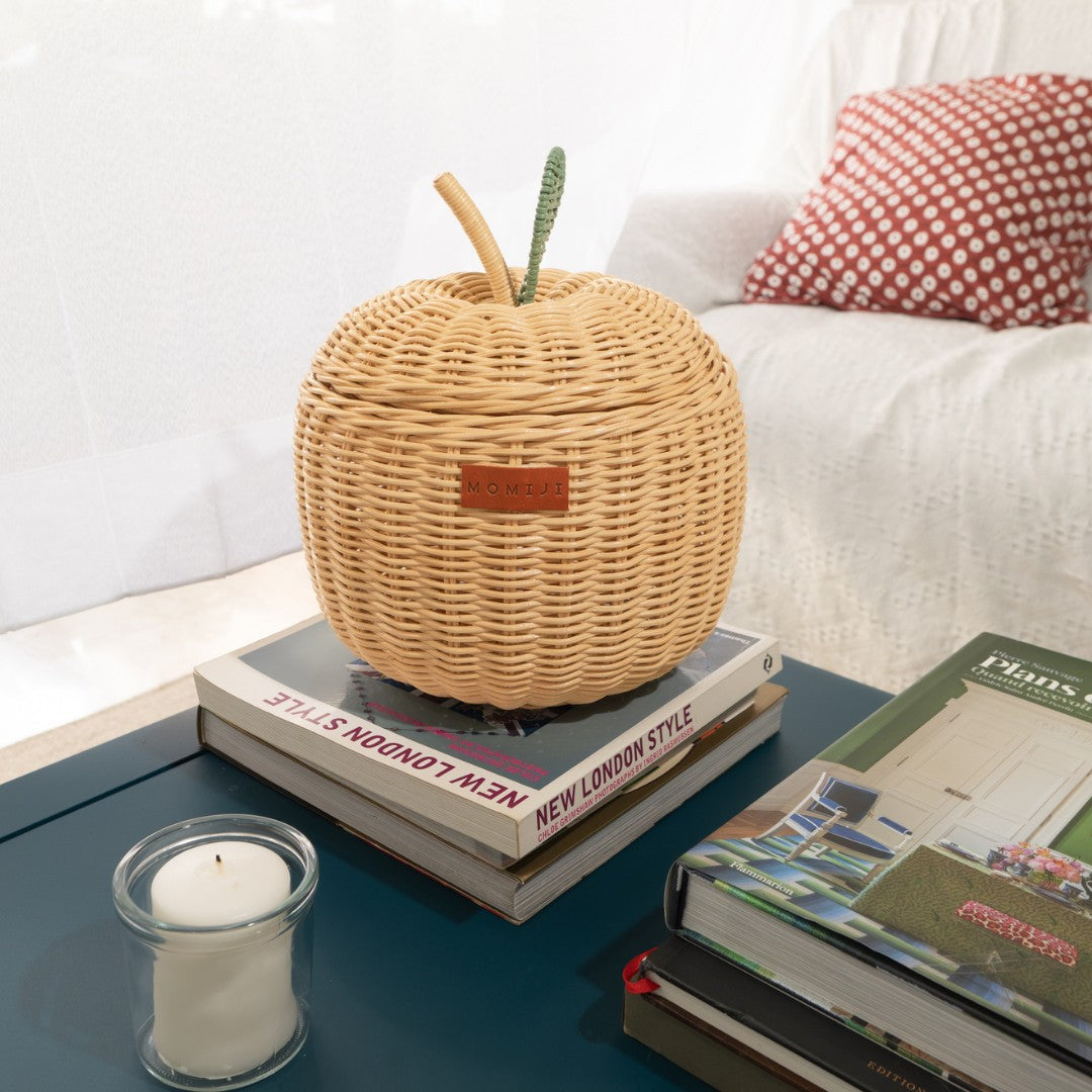 Natural rattan apple basket with fitted lid and woven stem details