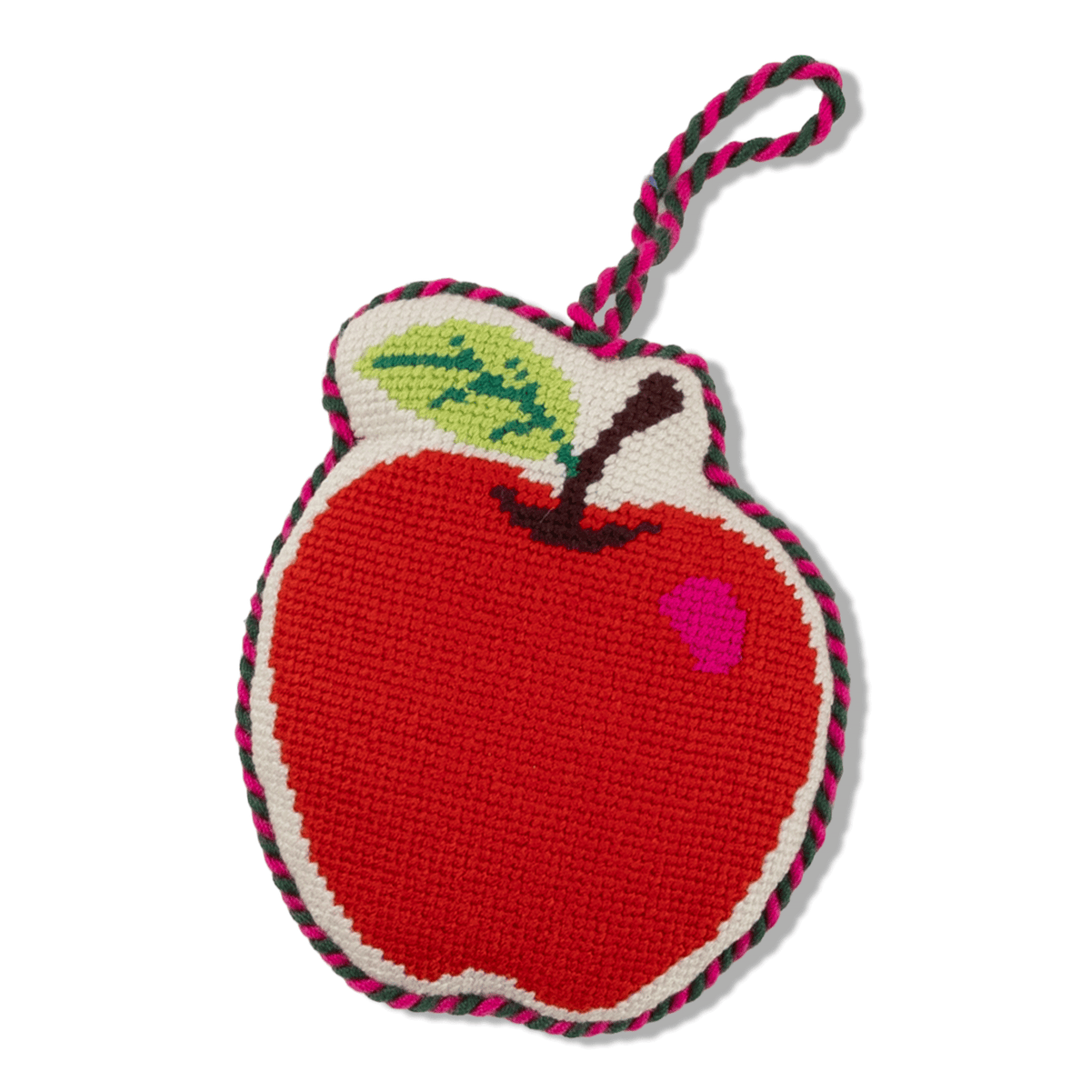 Needlepoint apple ornament in red with multicolor stitched details and braided loop hanger