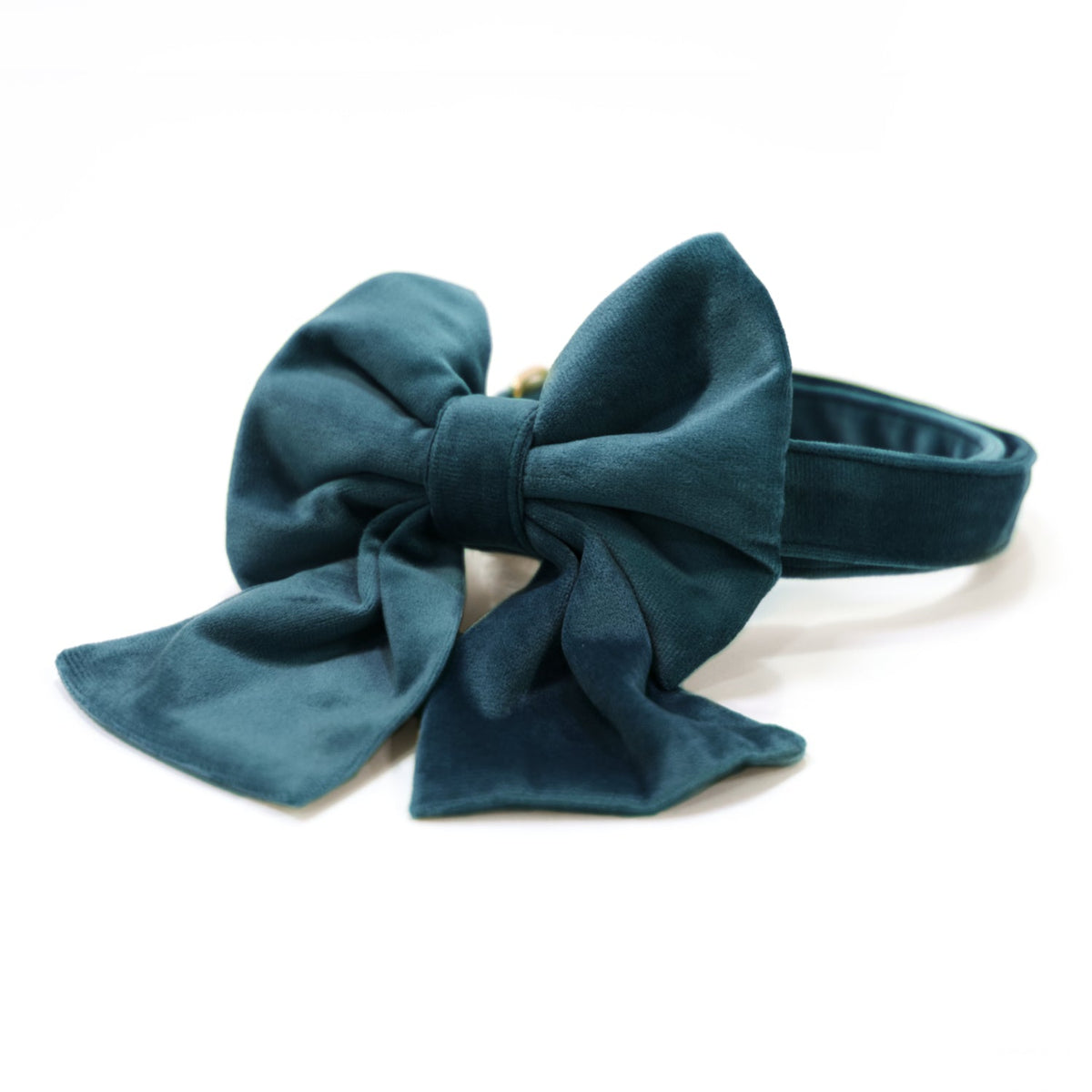 Teal velvet dog collar with oversized sailor bow and adjustable strap