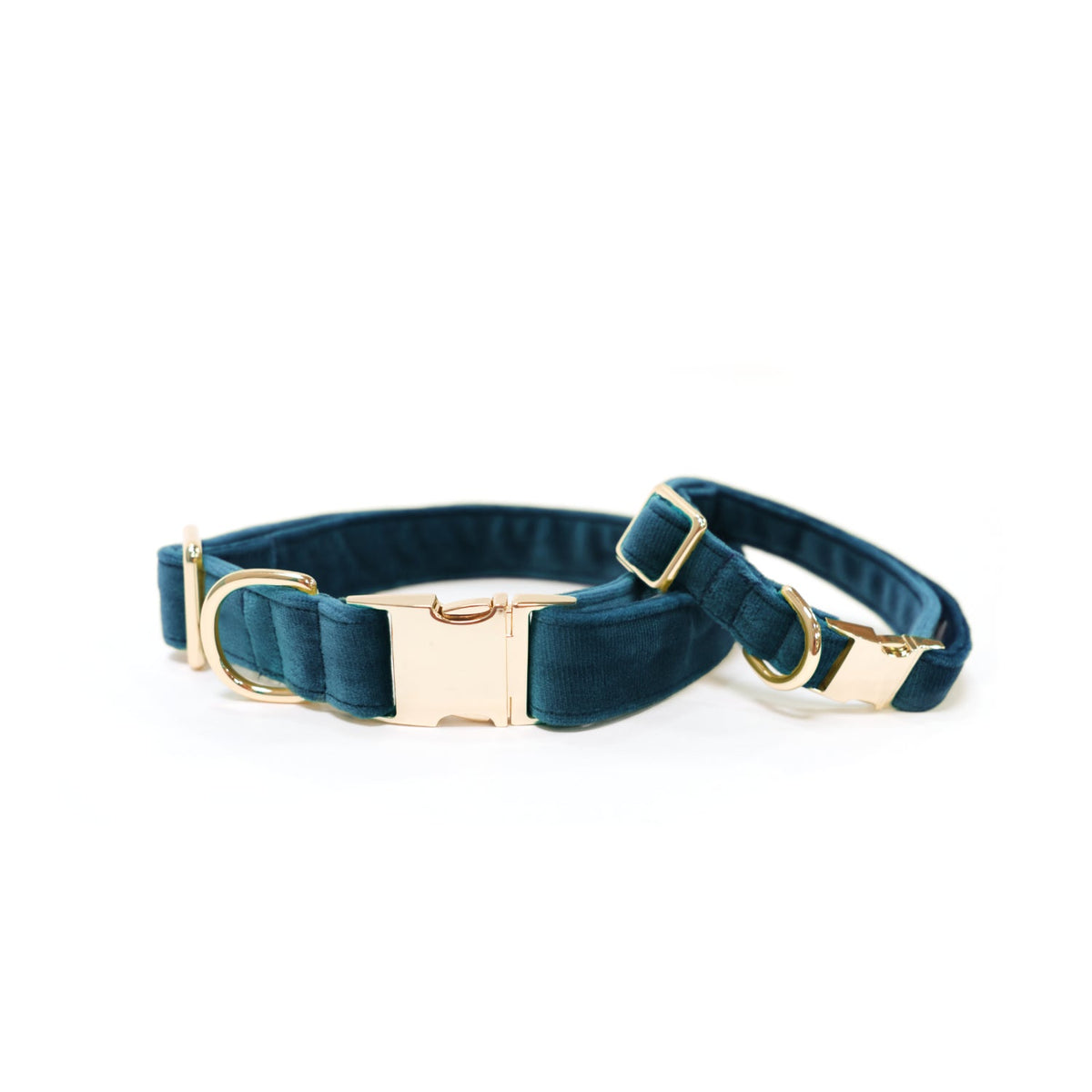 Teal velvet dog collar with gold buckle and matching bow tie, flat lay