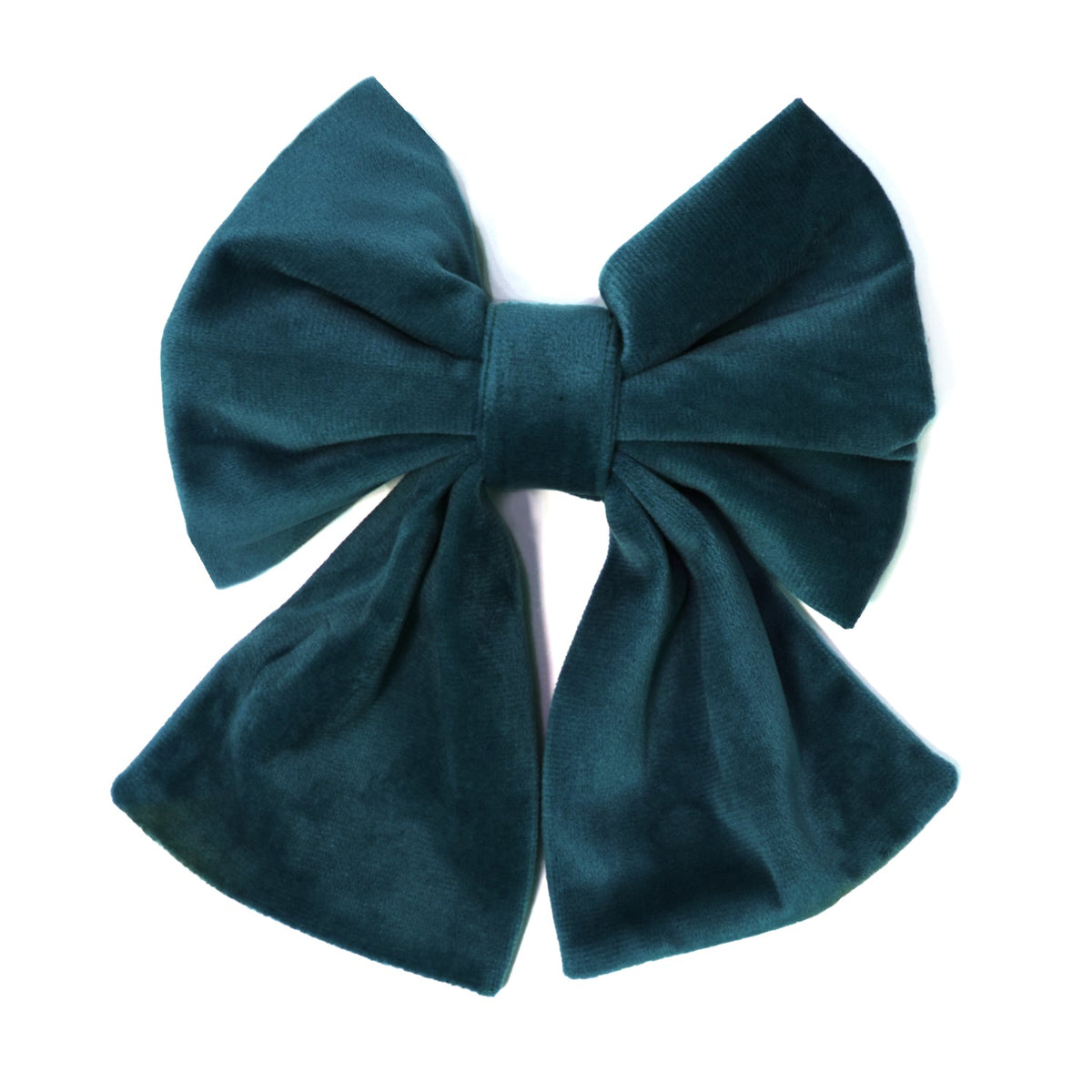 Teal velvet sailor dog bow with layered ribbon tails and center knot