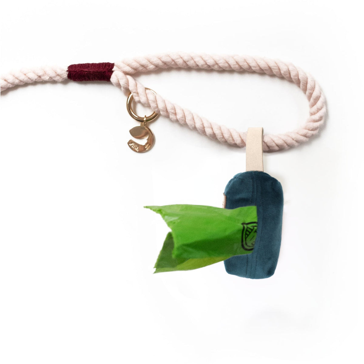 Teal velvet waste bag holder on braided rope with keyring and green waste bag