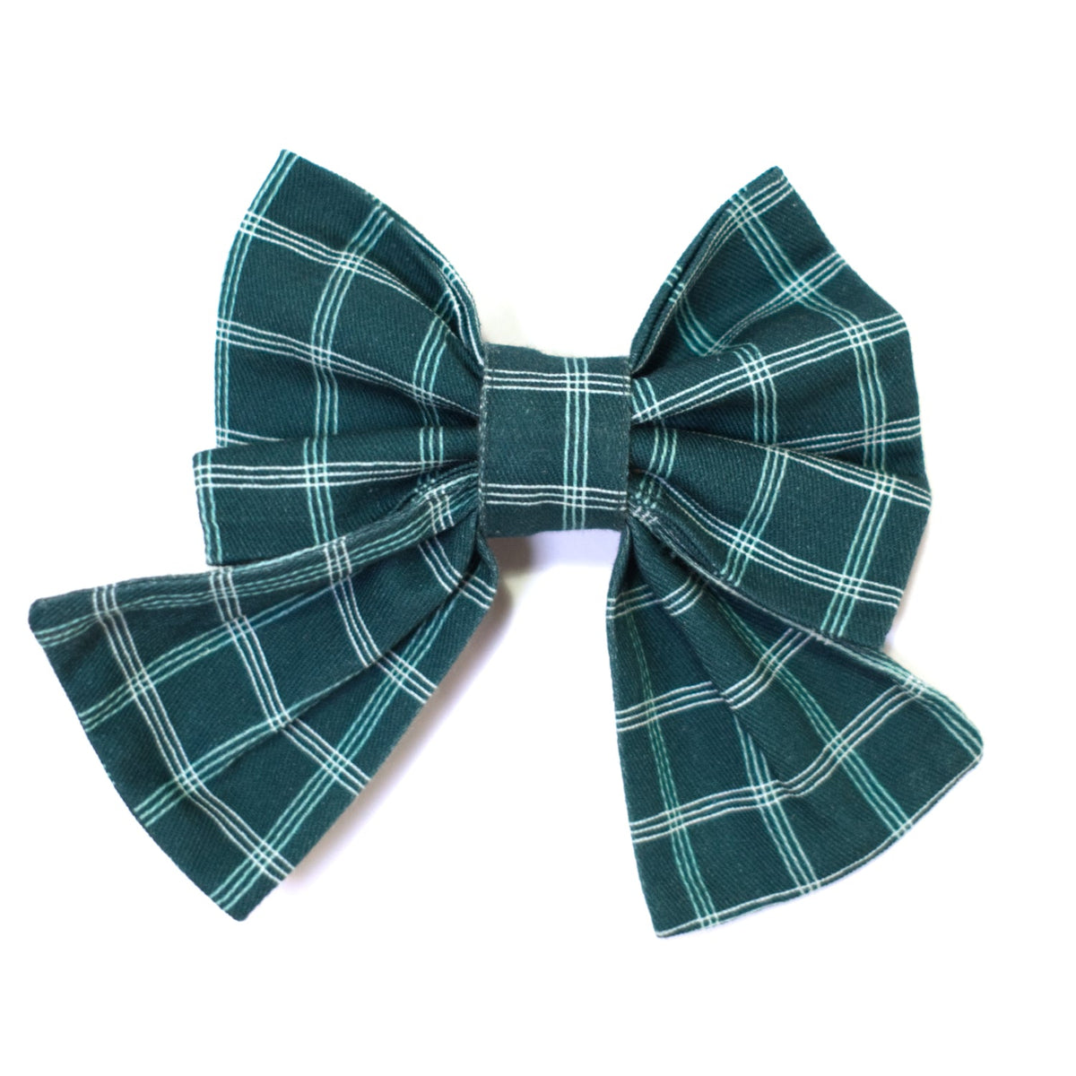 Teal windowpane sailor dog bow with layered tails and center knot