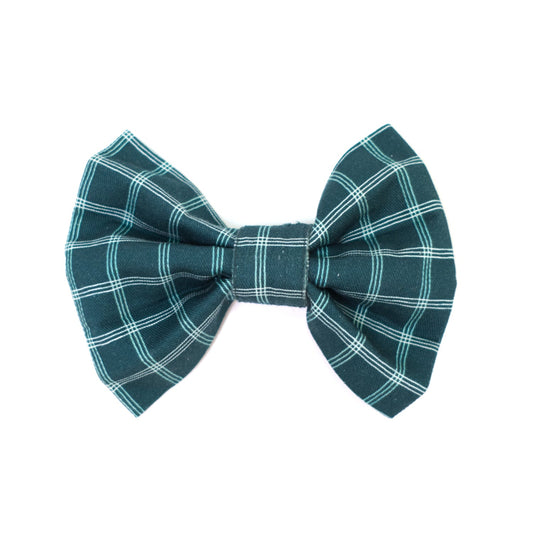 Teal windowpane plaid dog bow tie with center knot