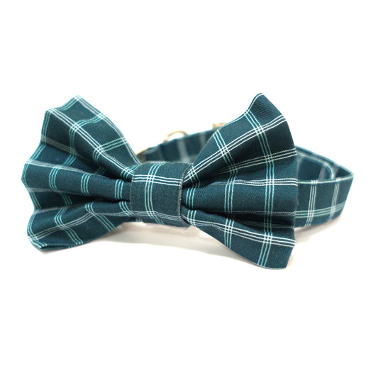 Plaid dog bow tie collar with teal windowpane pattern