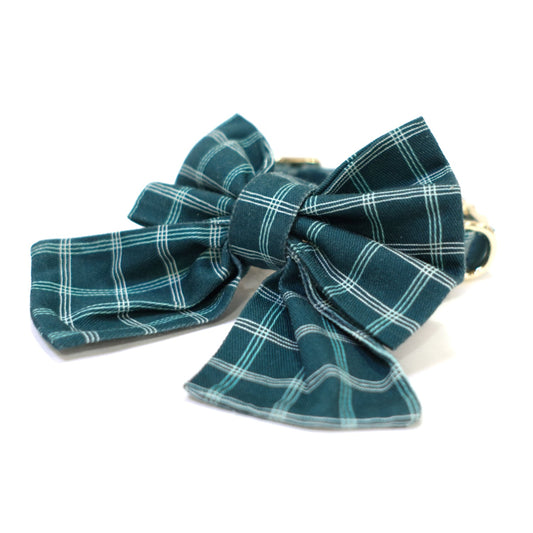 Teal windowpane sailor bow for dog collars