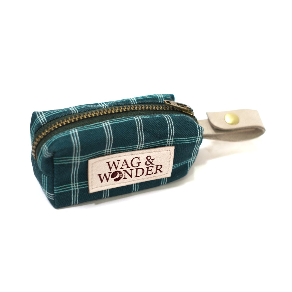 Teal windowpane waste bag holder pouch with zipper and WAG & WONDER label