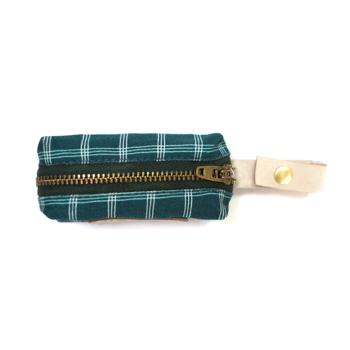 Teal plaid waste bag holder pouch with gold zipper and fabric strap