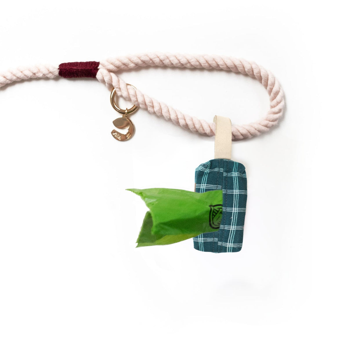 Teal plaid waste bag holder with rope leash, clip, and green waste bag