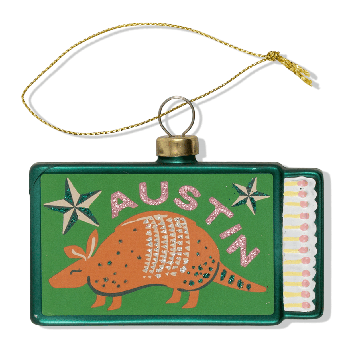 Green matchbook ornament with Texas longhorn and Austin lettering, hanging on gold cord