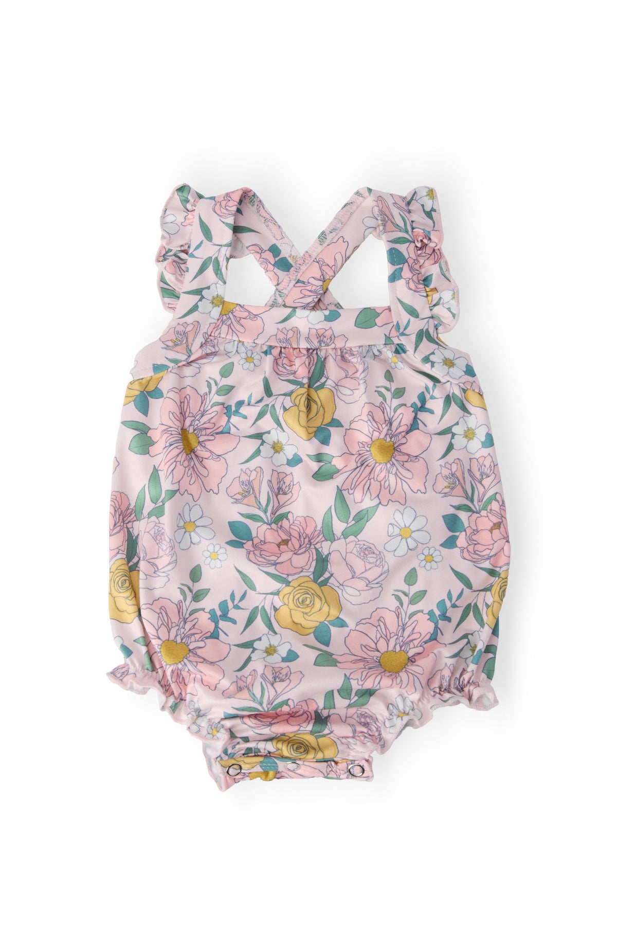 Floral ruffle cross-back romper with pastel flowers, gathered waist, sleeveless design