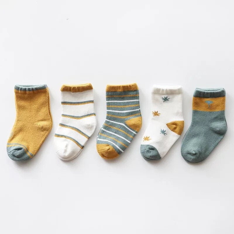 Kids organic cotton sock set, 5 designs: solid mustard, stripes, and printed white/gray