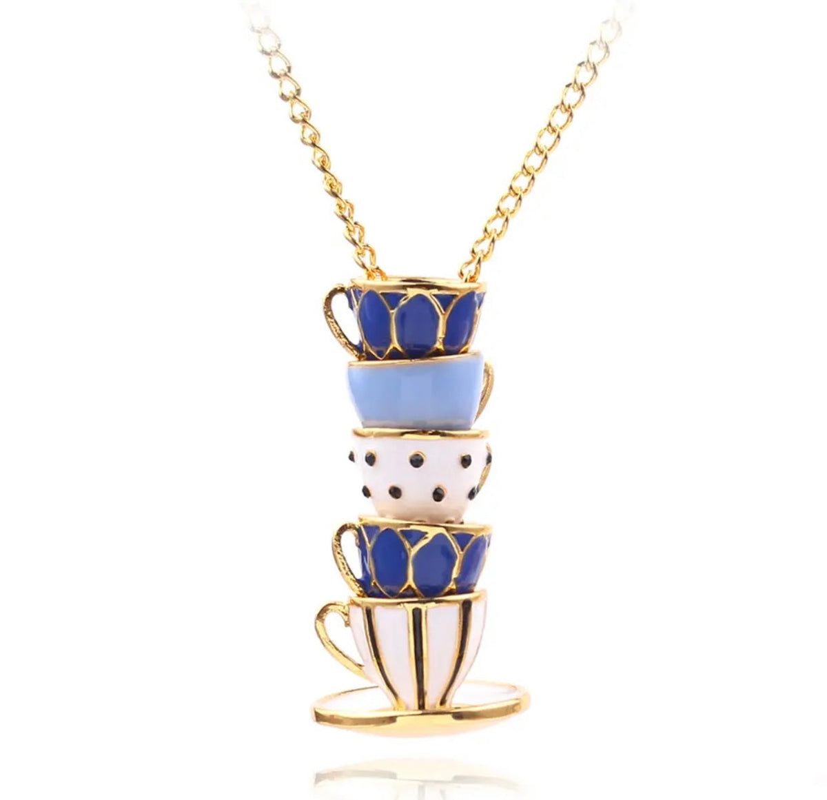 Gold tone necklace with stacked blue enamel tea cup charms