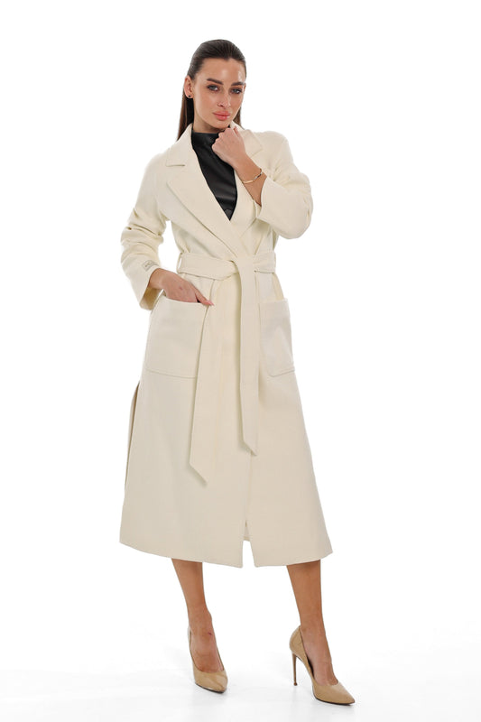 Ivory cashmere wool blend overcoat with notched lapels, tie belt and patch pockets