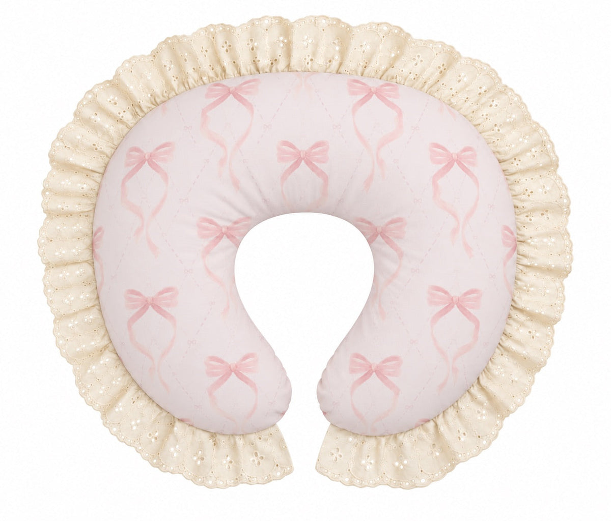 Nursing pillow cover with pink bow print and ivory eyelet lace ruffle