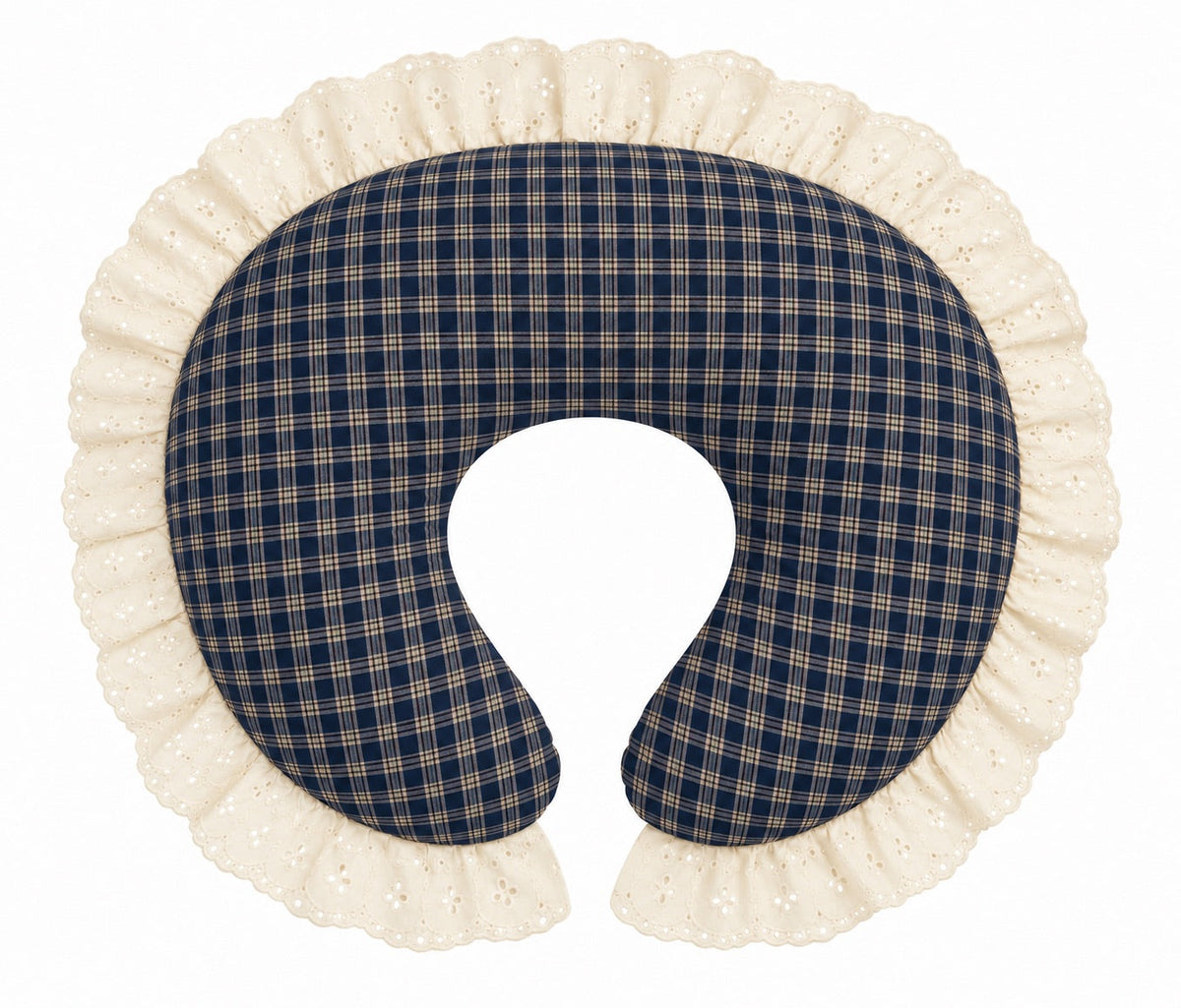 Nursing pillow cover with navy plaid fabric and ivory eyelet lace ruffle