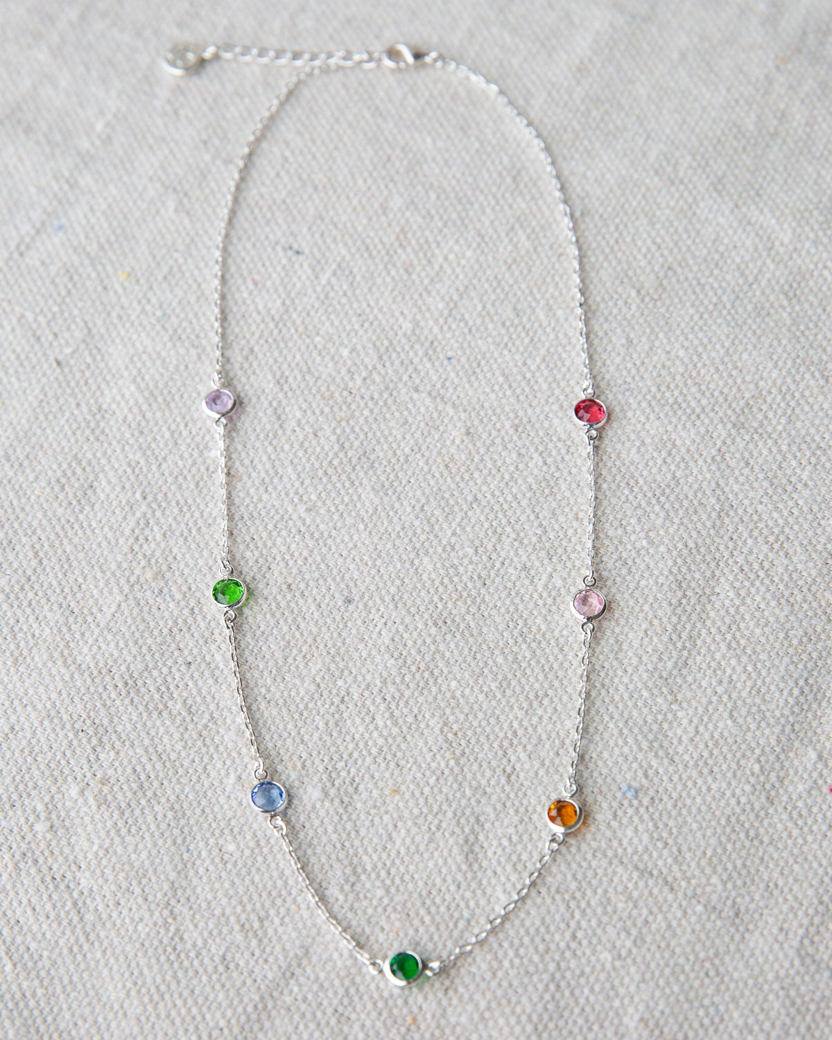 Silver-tone chain necklace with multicolor round gemstone beads