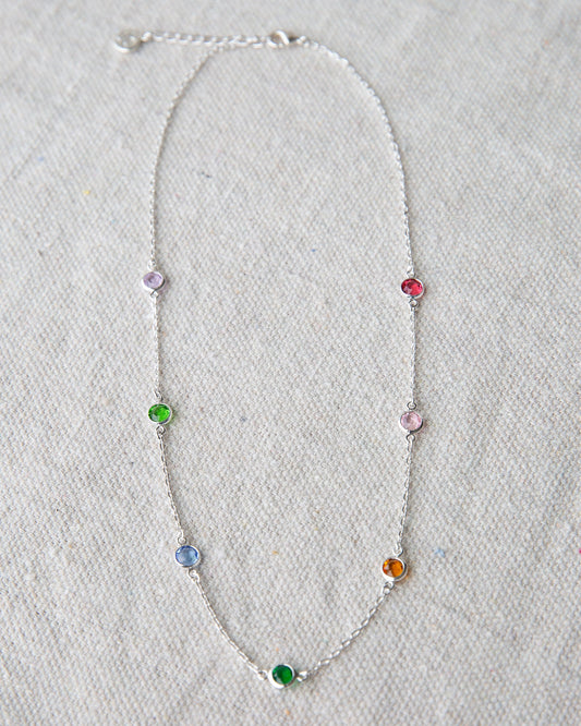 Silver-tone chain necklace with multicolor round gemstone beads