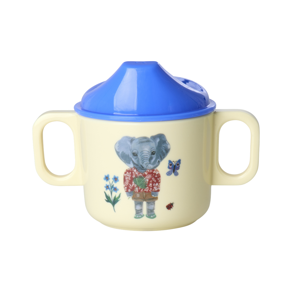 Cream melamine baby cup with two handles, blue lid, elephant print