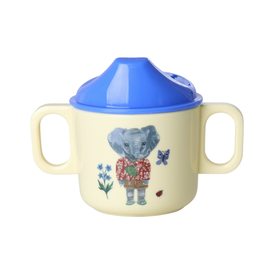 Cream melamine baby cup with two handles, blue lid, elephant print