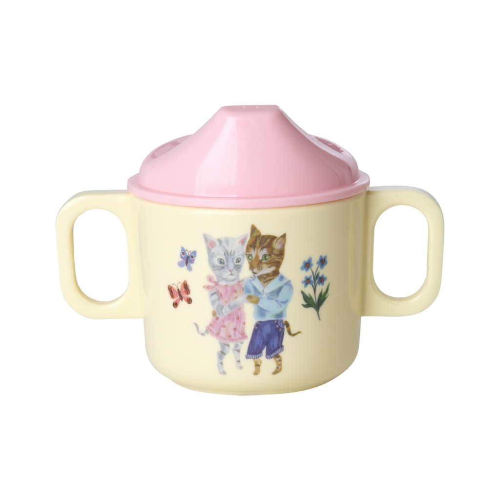 Two-handle melamine baby cup with pink lid, cream body, illustrated animal print