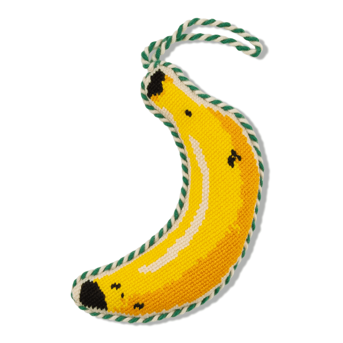 Needlepoint banana icon ornament with looped braided cord