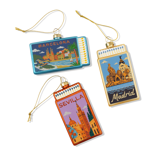 Set of three matchbook ornaments with gold loops: Barcelona, Madrid, Sevilla