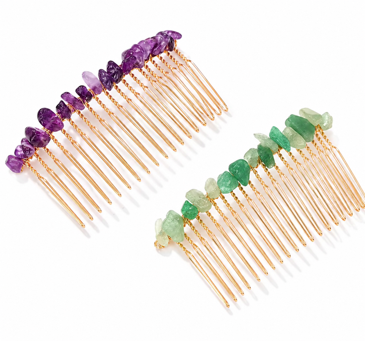 Natural gemstone hair combs with purple amethyst and green stones on gold-tone teeth