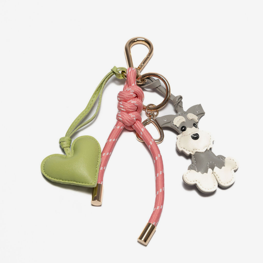 Barbie key chain with charms: grey dog, green heart, pink braided cord