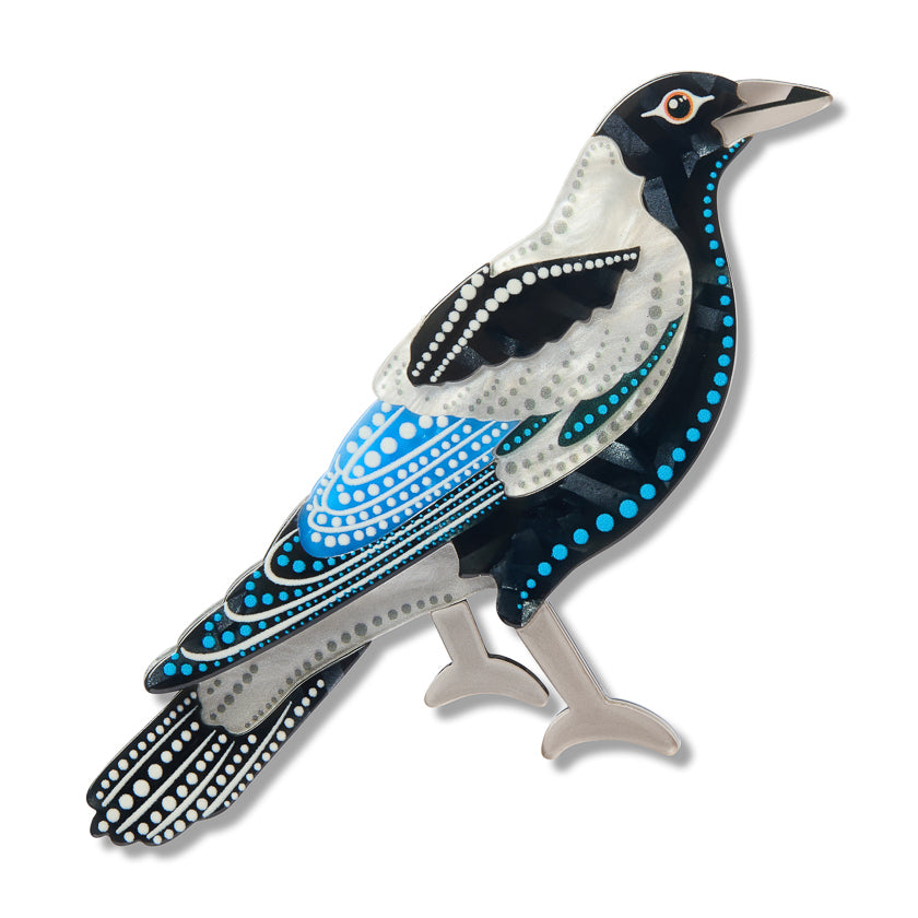 Erstwilder magpie brooch, black and blue bird with silver pin backing