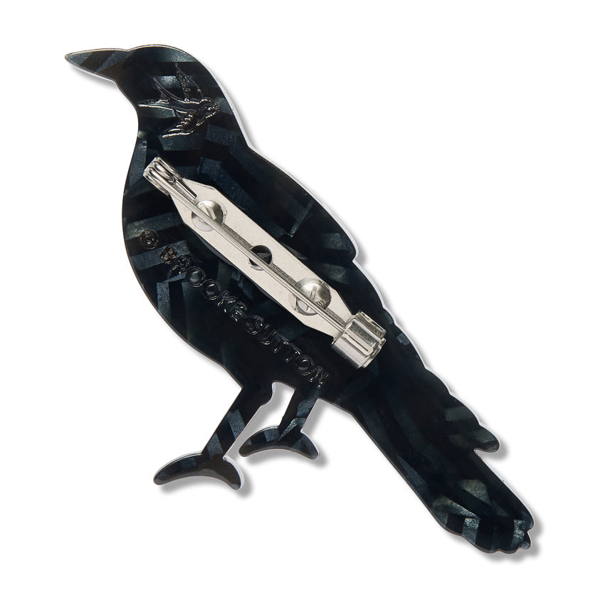 Erstwilder magpie brooch back, black bird with silver safety pin clasp