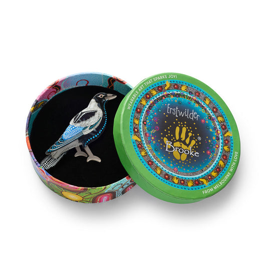 Round tin set featuring Erstwilder magpie brooch artwork