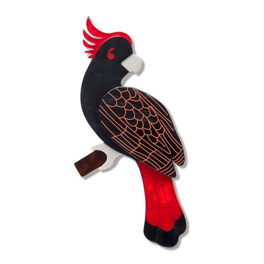 Colorful cockatoo enamel brooch with red crest and orange patterned wing details