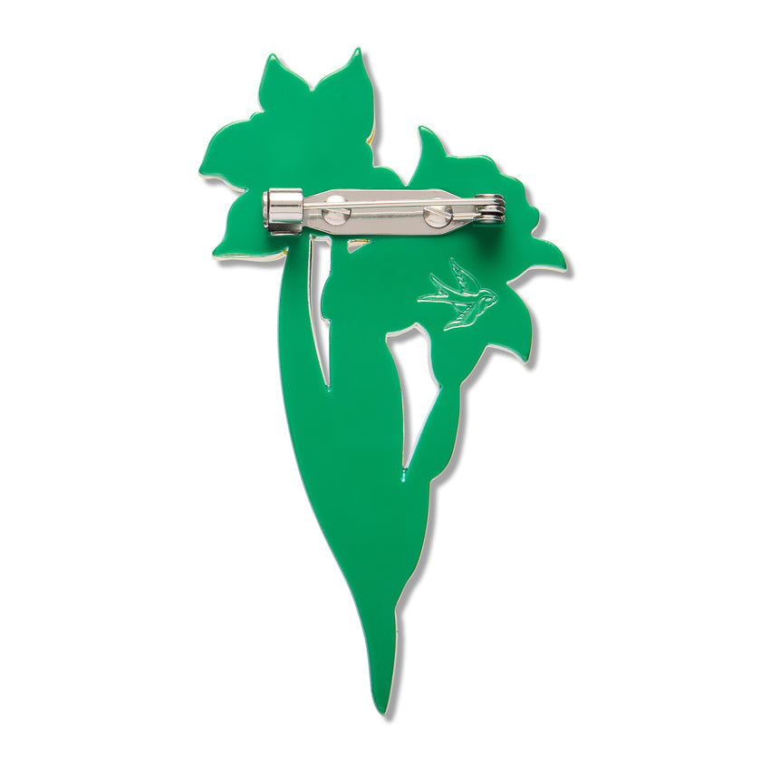 Green enamel daffodil brooch with silver pin backing and clasp
