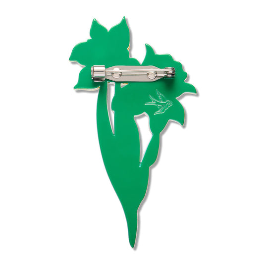 Green enamel daffodil brooch with silver pin backing and clasp