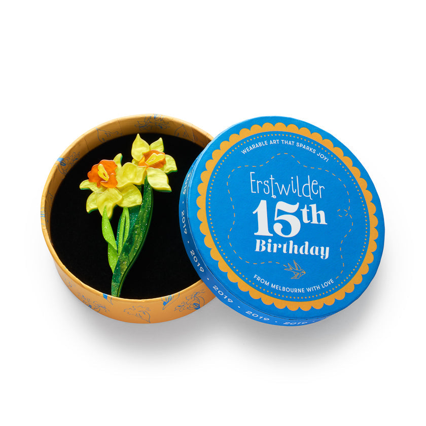 Daffodil brooch in a round gift tin with open lid