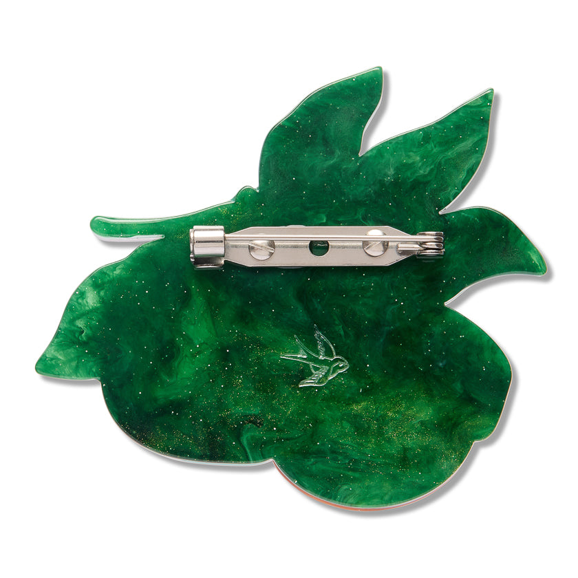 Erstwilder enamel brooch back with metal pin, green leaf-shaped design