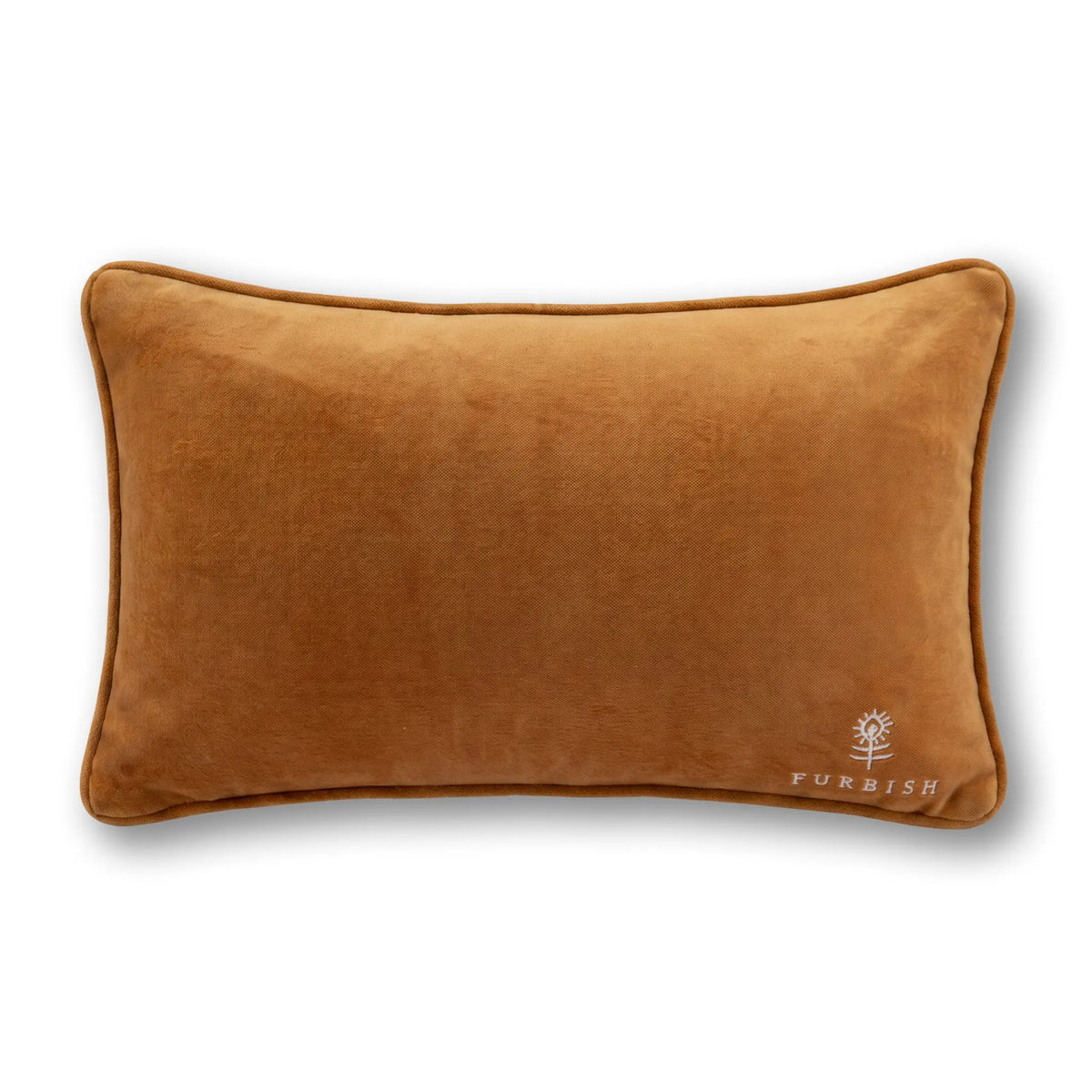 Solid brown rectangular throw pillow with brown piping and FURBRUSH logo in corner